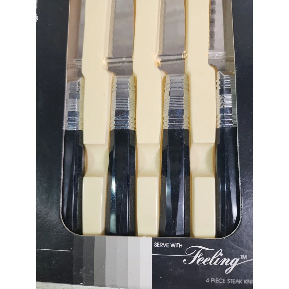 NEW 1987 Regent Sheffield Feeling Ebony 4 Piece Steak Knife Set Vintage